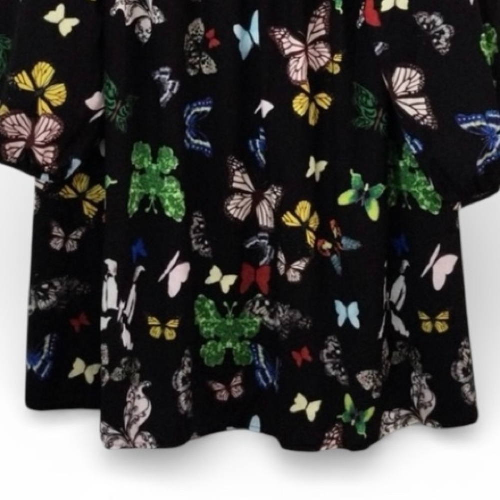 Colorful Butterfly Print Black Mini Dress – Long Sleeve V‑Neck, Size L/XL, NWOT - Picture 5 of 12